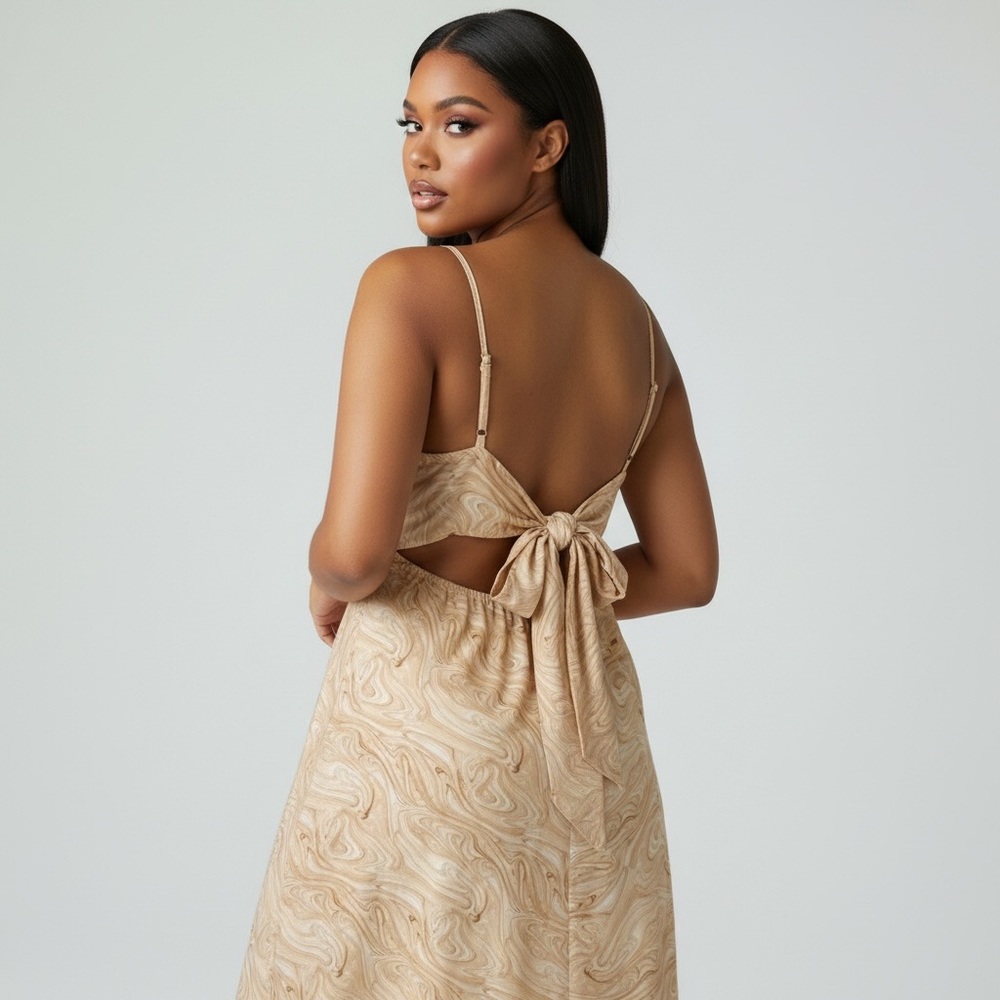 Arula Captivating Aru Tan Marble Open Tie Back Spaghetti Strap Midi Dress 3X